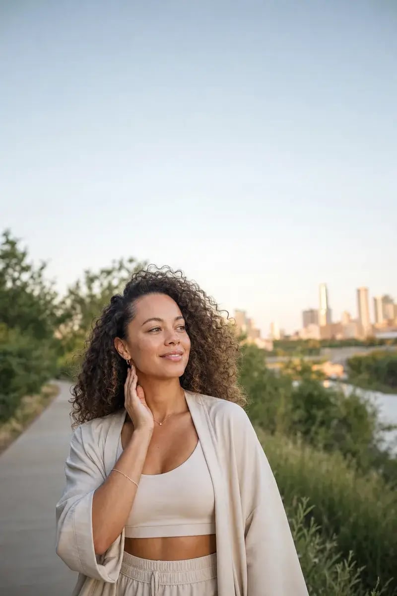 Woman with radiant, glowing skin outdoors, confident and well