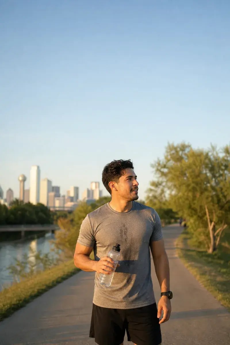 Athlete pausing after a run outdoors, energized and strong
