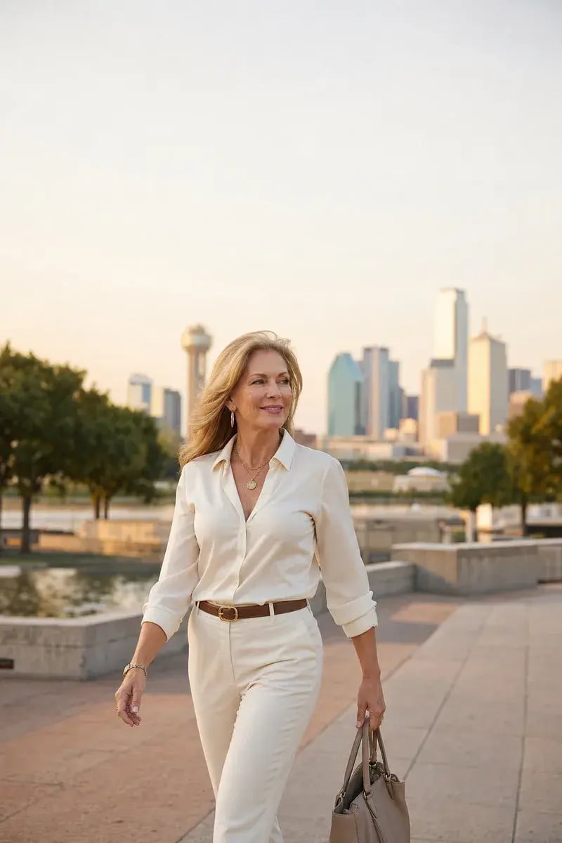 Woman walking confidently through a city plaza, focused and vital