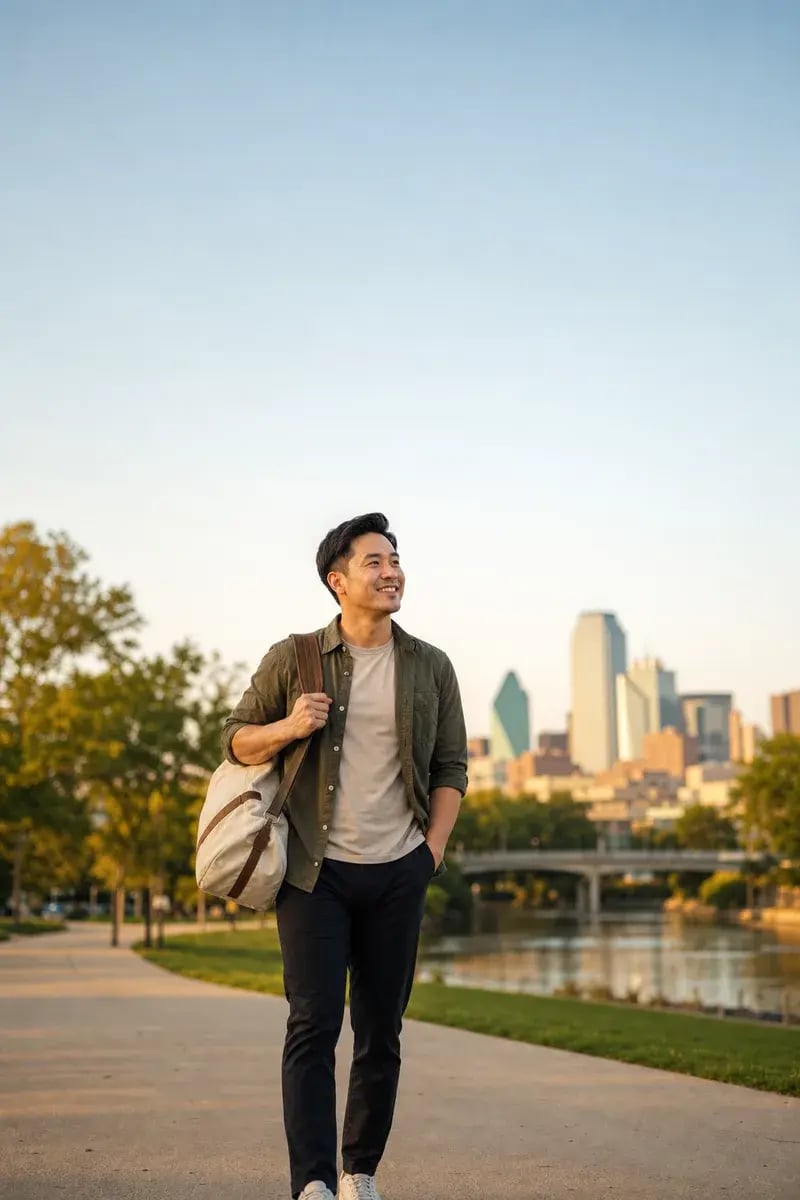 Man walking outdoors with a travel bag, healthy and travel-ready
