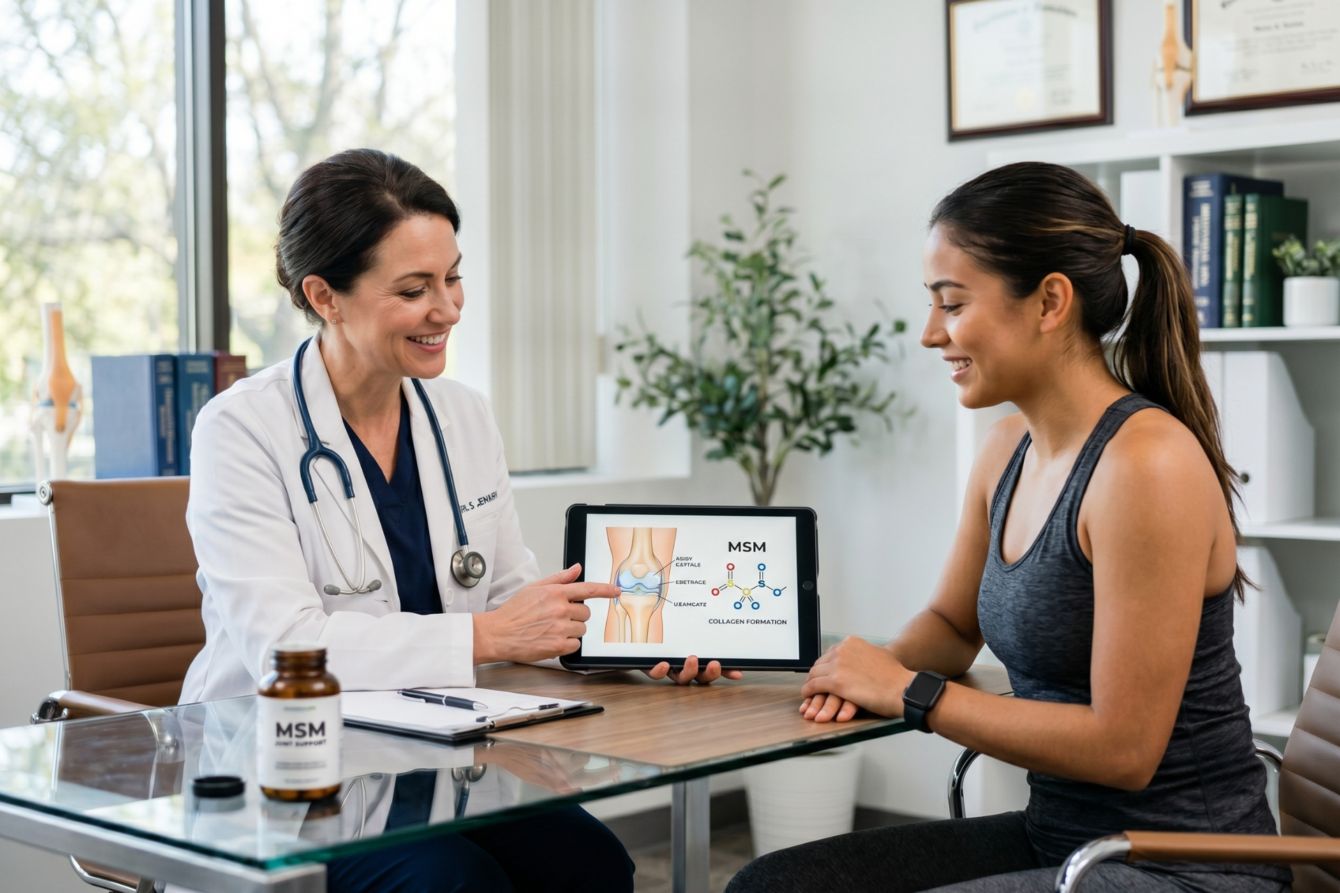 A doctor and a patient discussing joint health and supplementation protocols in a professional wellness clinic