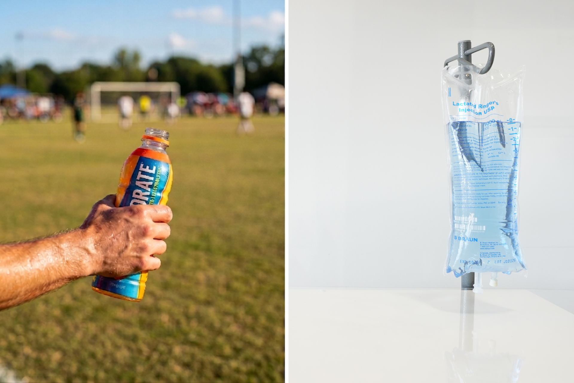 A split image comparing an athlete holding a sports drink on a warm field and a clean clinical setting showing a professional IV hydration bag