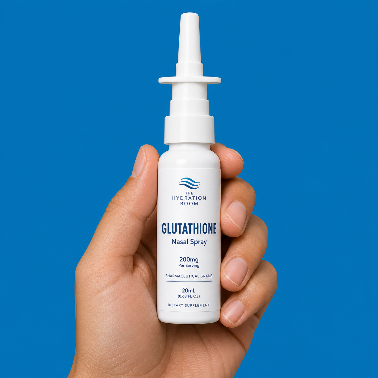 Glutathione Nasal Spray bottle on a blue studio background.