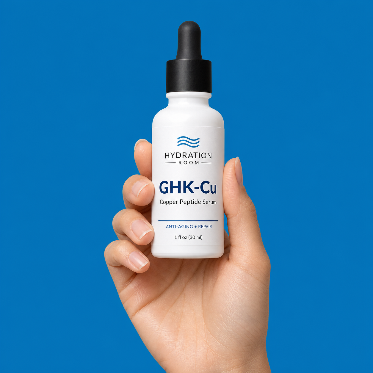 GHK-Cu Copper Peptide Serum bottle on a blue studio background.