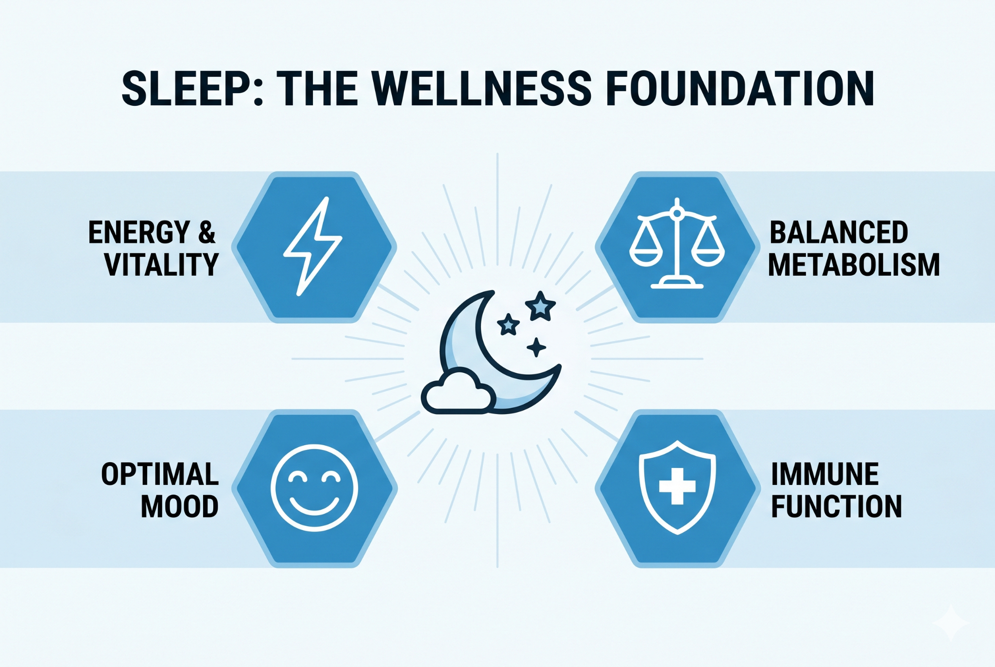 Infographic showing the four core benefits of sleep: energy, metabolism, mood, and immunity