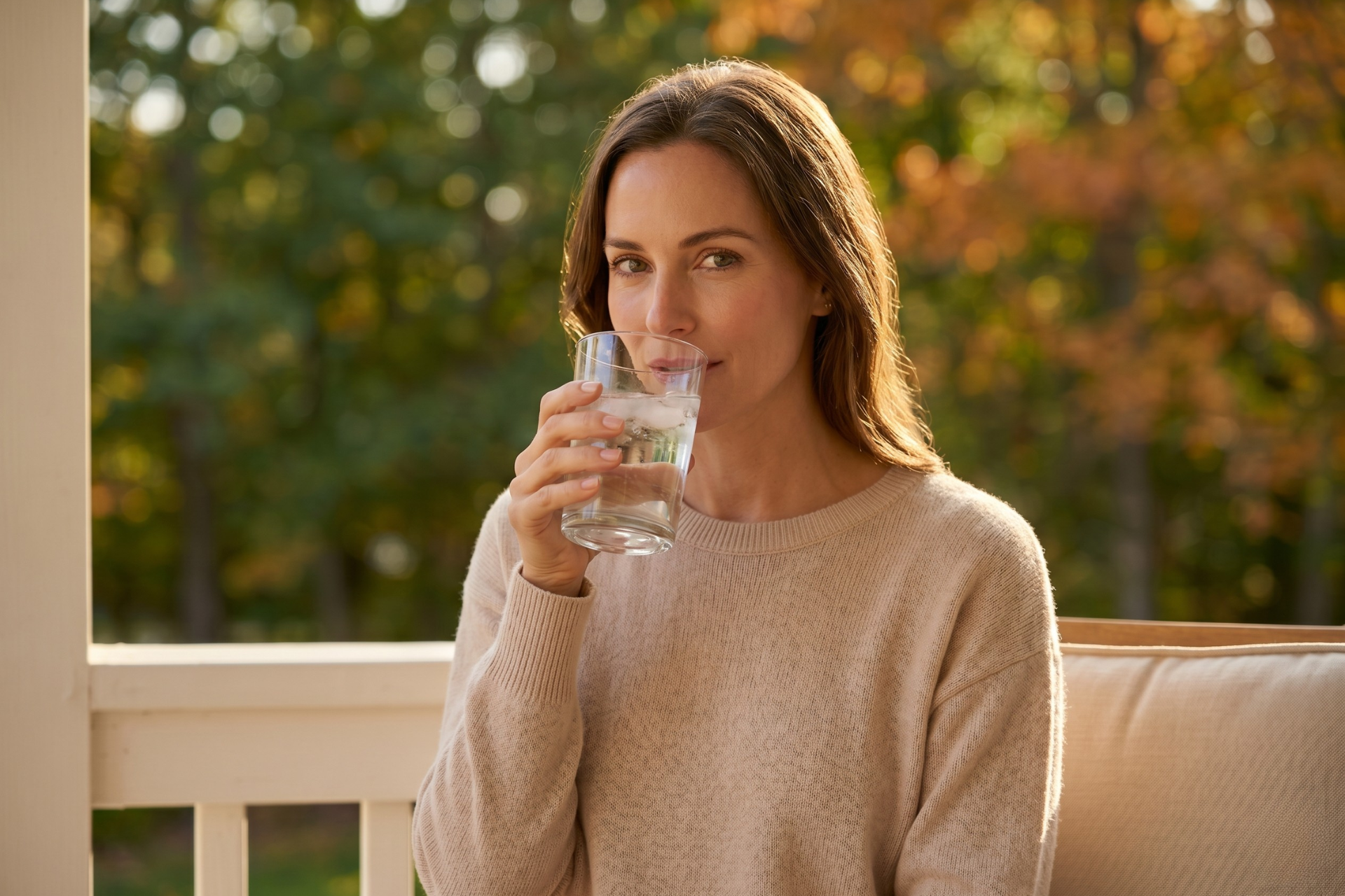 A woman in a knit sweater holds a glass of water on a sunny autumn afternoon