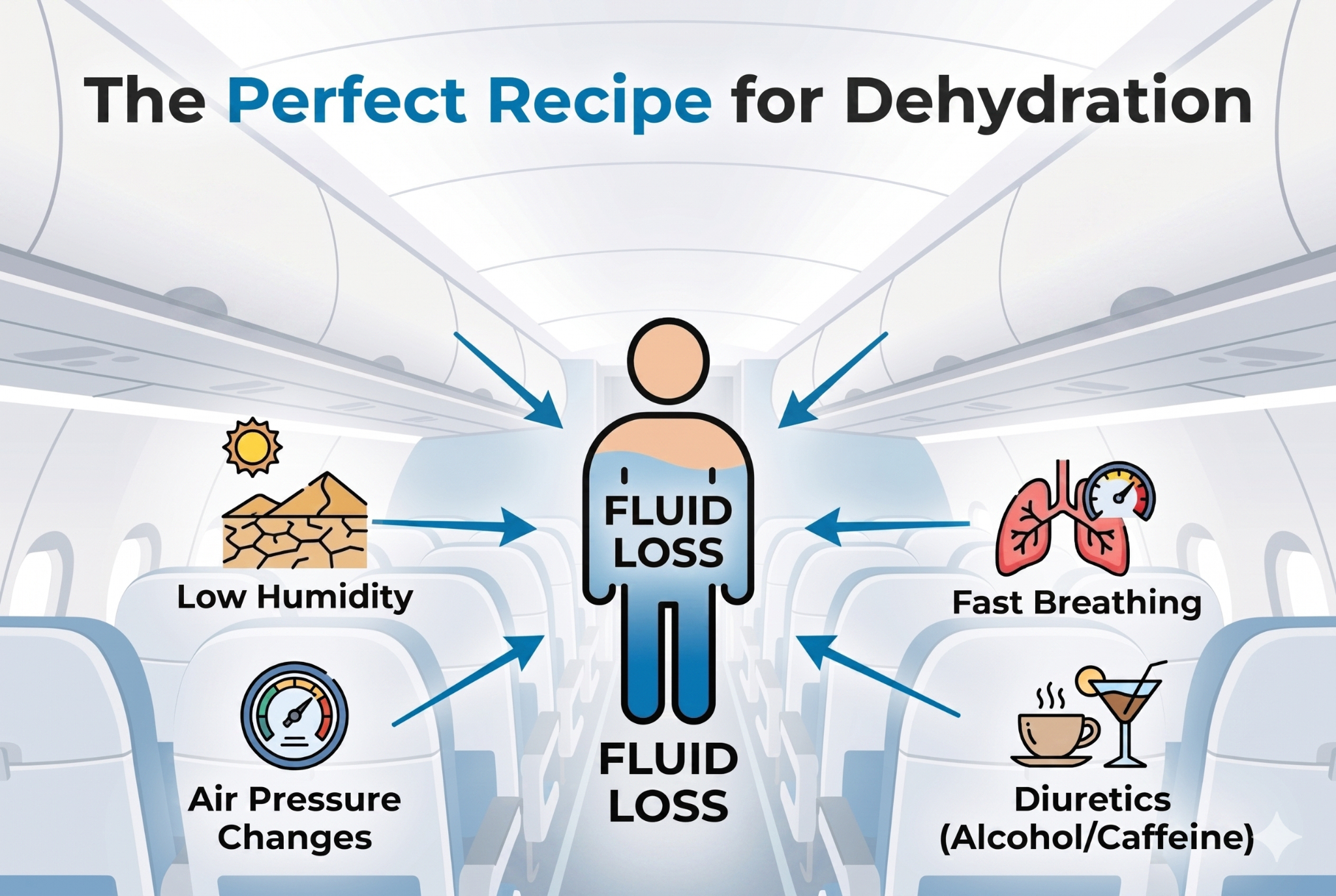 Infographic illustrating key causes of in-flight dehydration