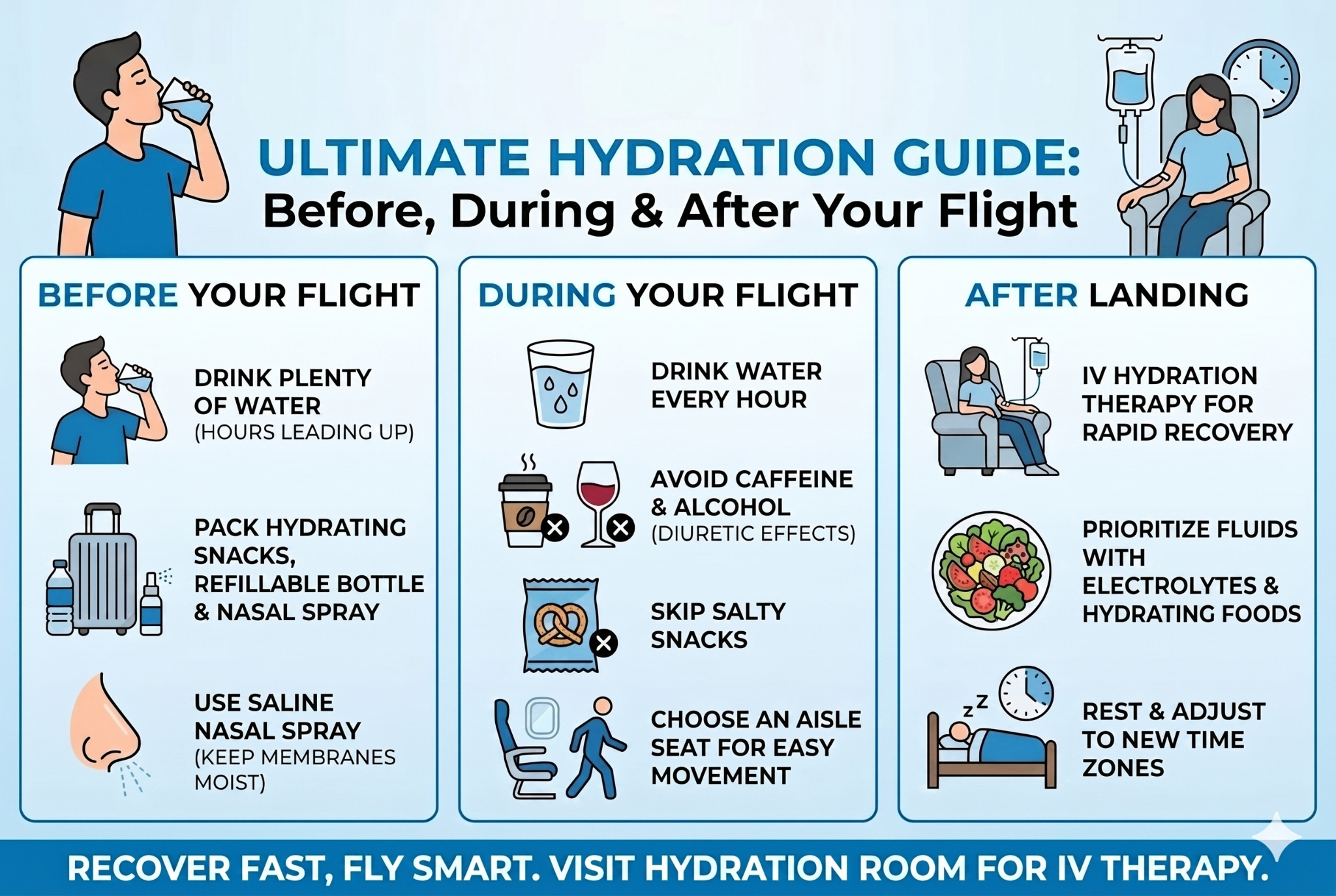  Infographic titled “Ultimate Hydration Guide: Before, During & After Your Flight.”