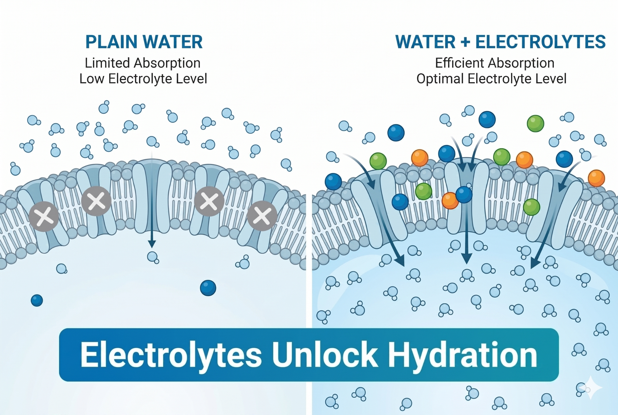 A cellular diagram showing how electrolytes improve water absorption.