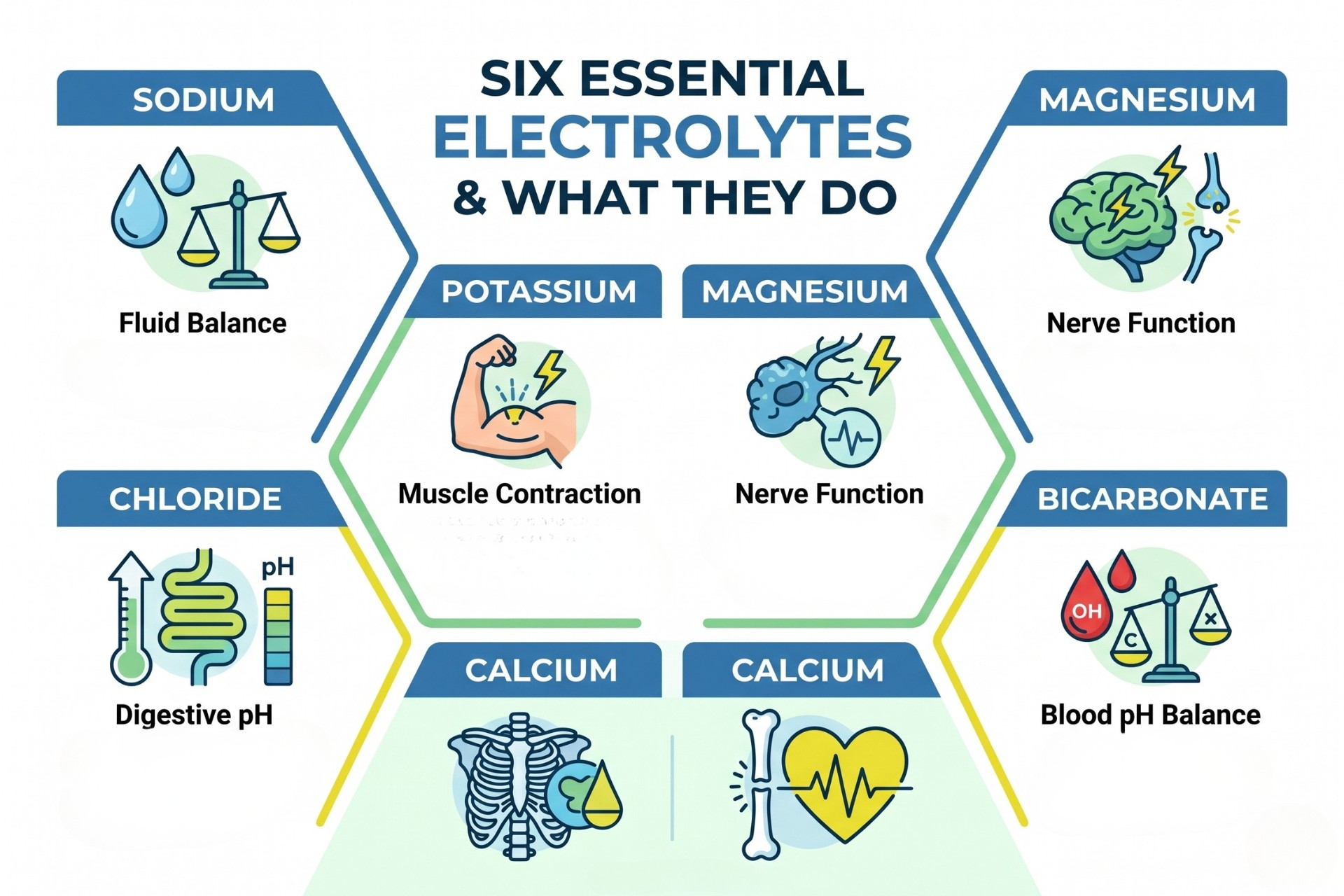 An infographic listing six key electrolytes and their role in the body