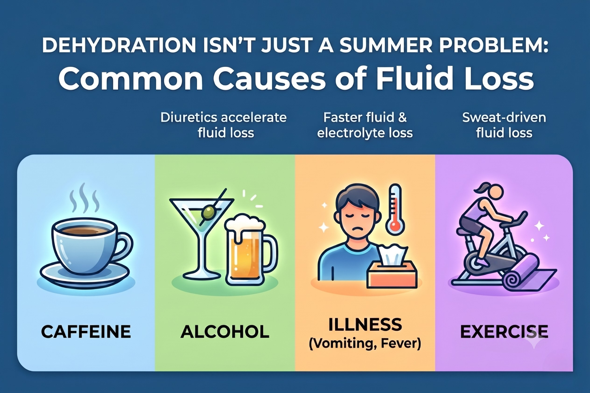 Infographic showing non-heat causes of dehydration: caffeine, alcohol, illness, indoor exercise