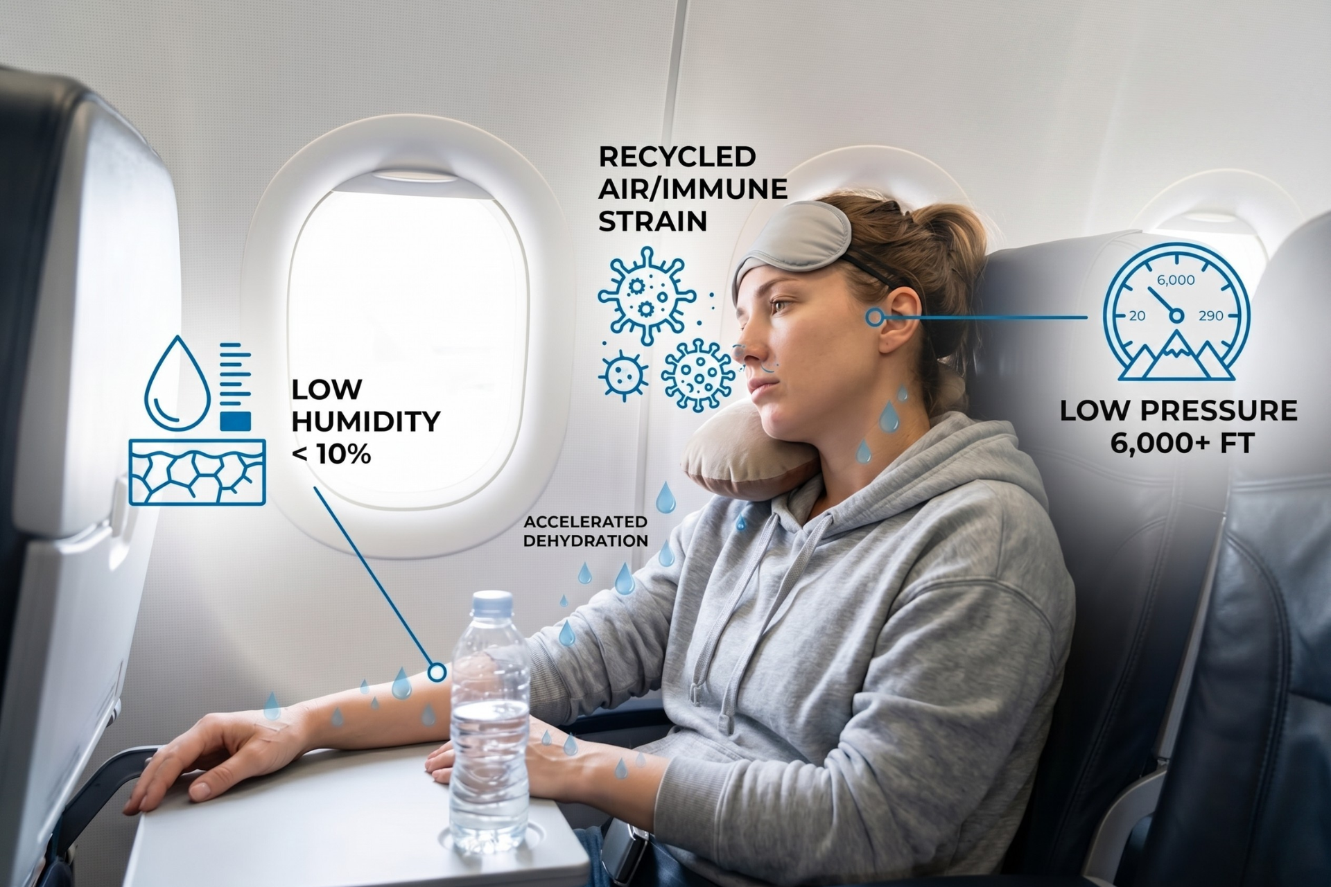 Illustrated breakdown of how airplane cabin environments affect the human body