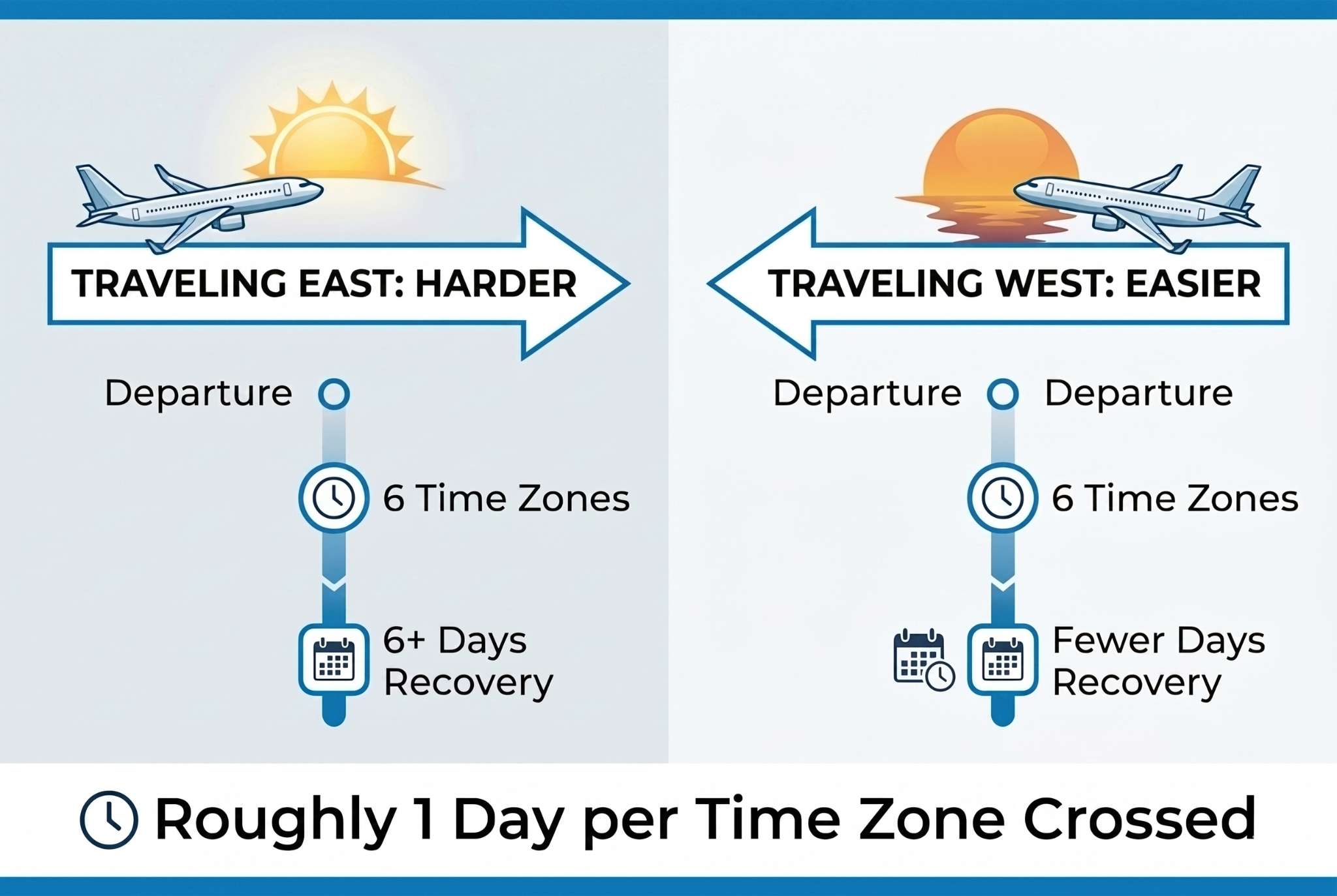 Infographic comparing jet lag recovery times for eastward vs. westward travel