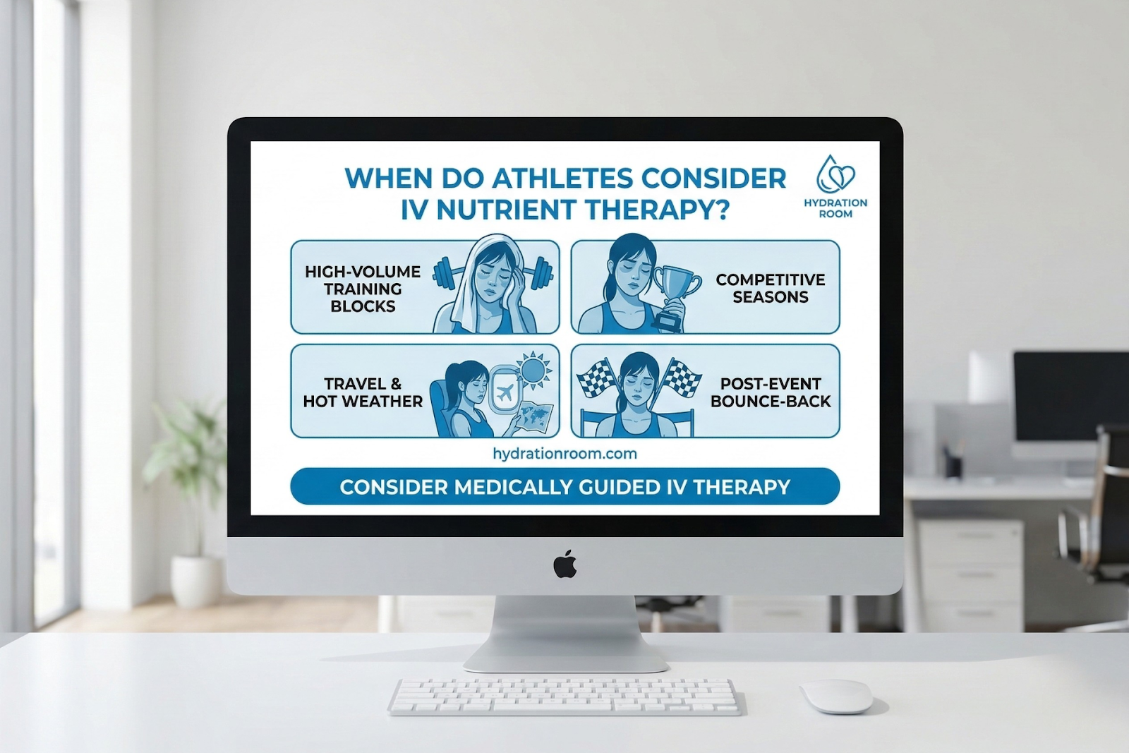 An illustration on a monitor showing when athletes consider IV nutrient therapy