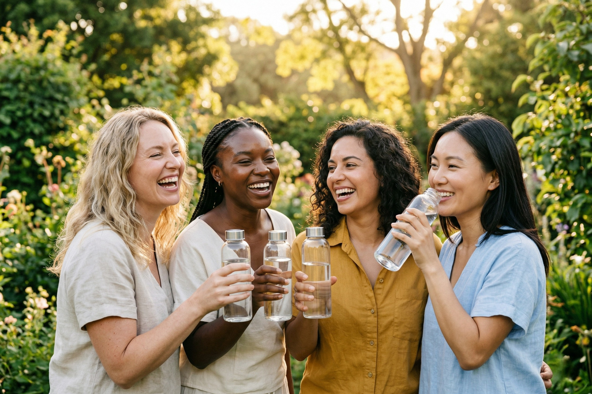 Four women smiling and chatting outdoors while holding water bottles in a sunlit garden