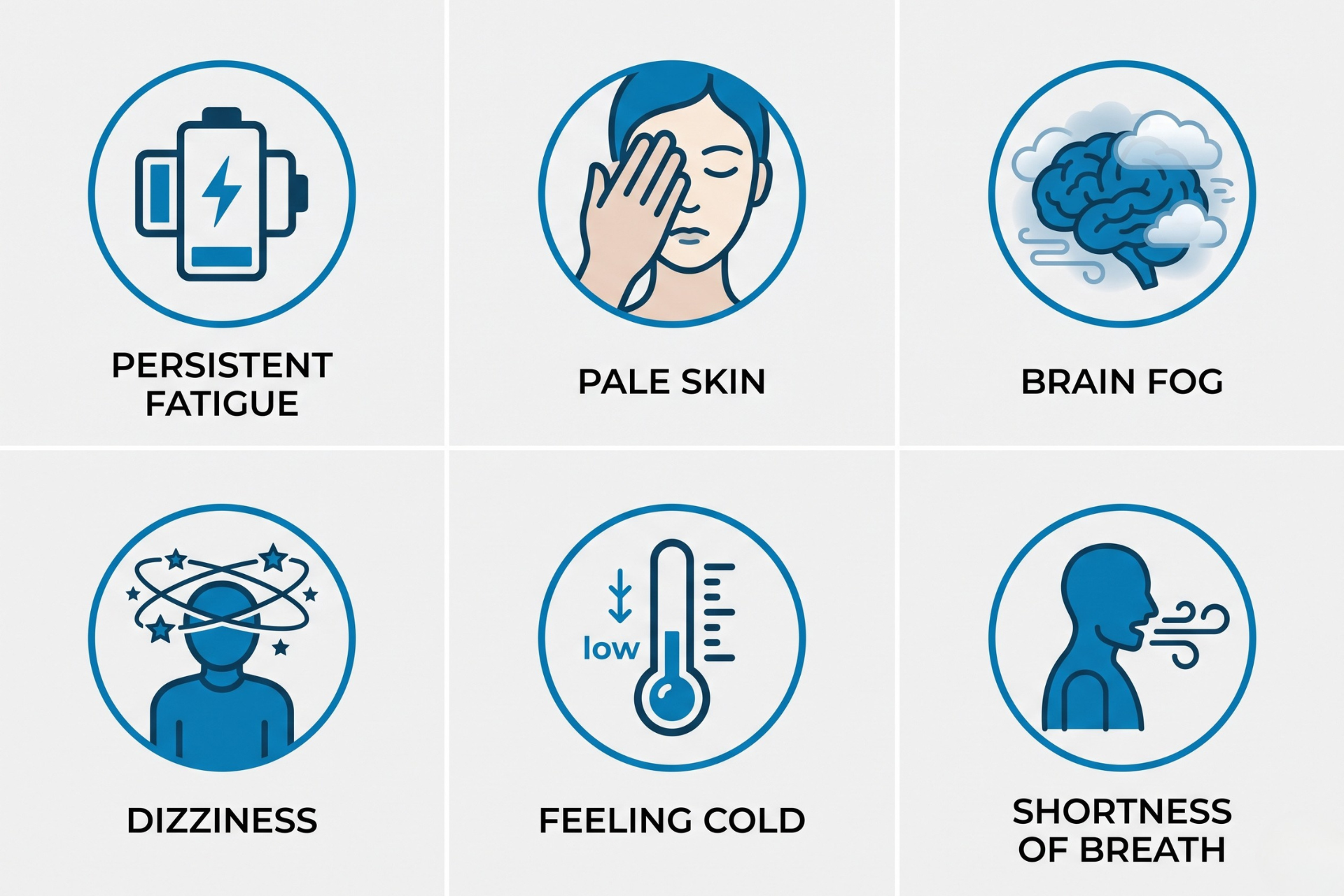 Alt Text: Icons representing six common low-iron symptoms in women, including fatigue, pale skin, and brain fog.