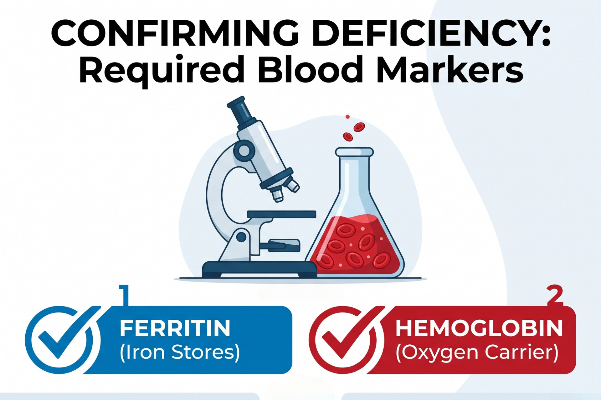 Illustration of lab work requirements, highlighting mandatory ferritin and hemoglobin markers for iron infusion.