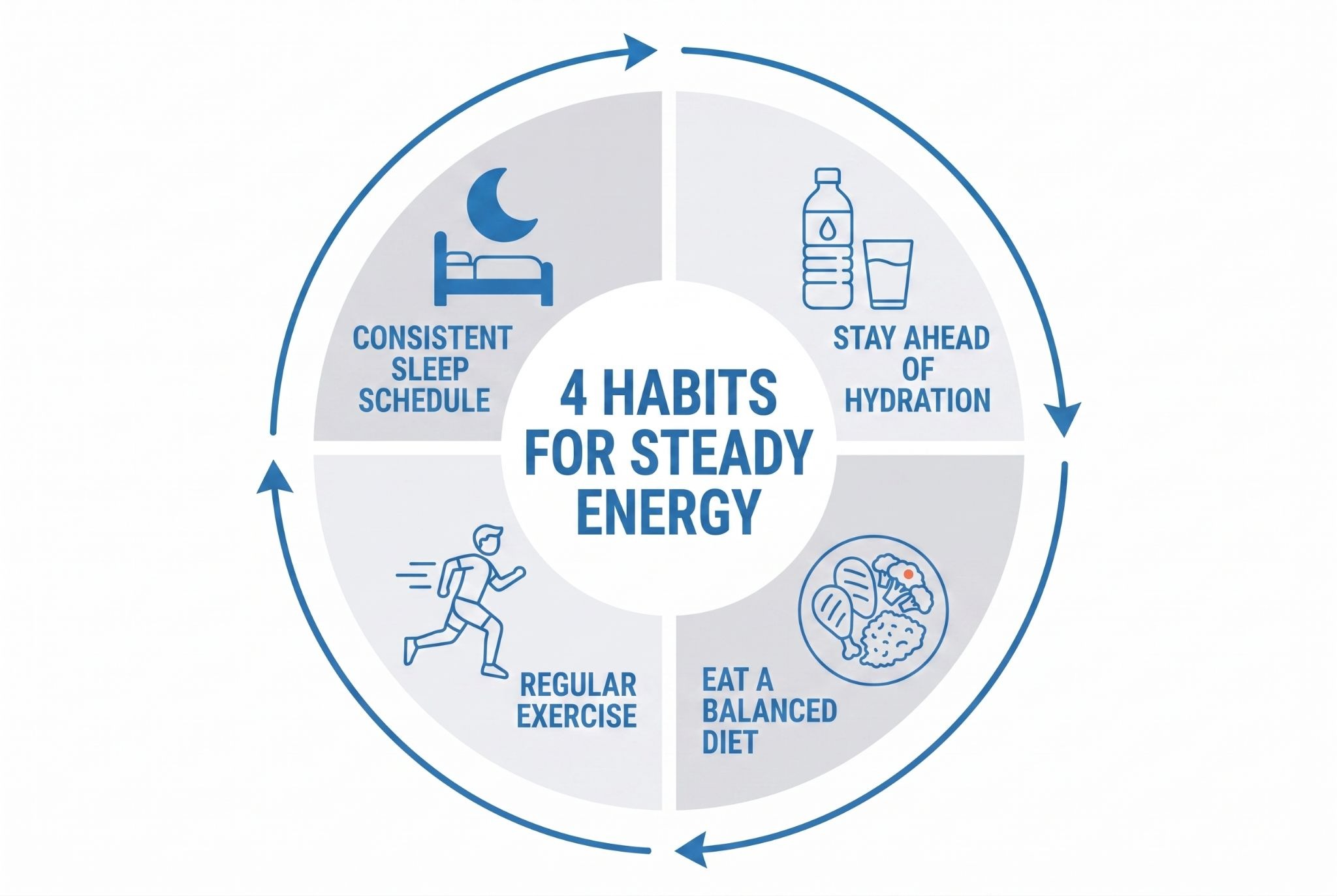 A circular cycle infographic showing four key habits for fatigue prevention: consistent sleep, hydration, balanced diet, and regular exercise.