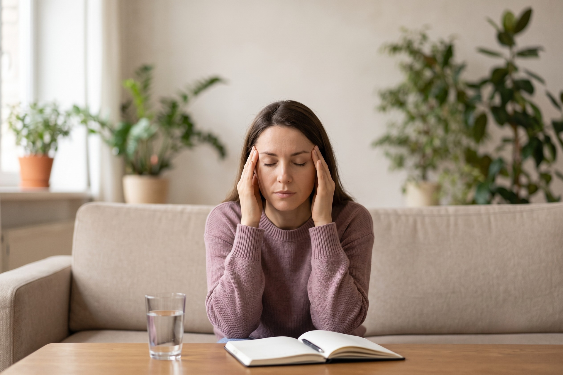 A tired woman sitting on a living room couch, rubbing her temples while looking at a notebook.