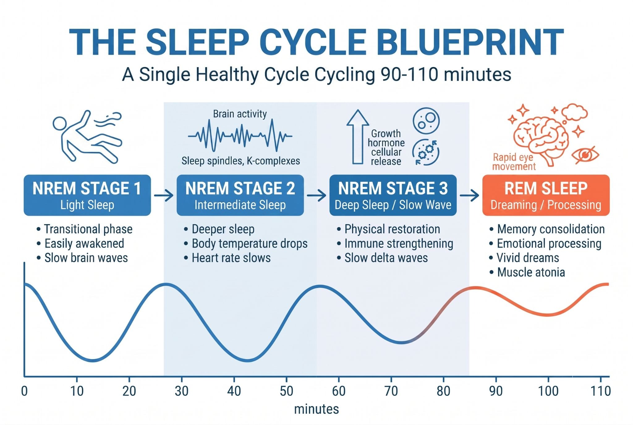 An infographic diagram illustrating the timeline of a normal 90-to-110-minute sleep cycle