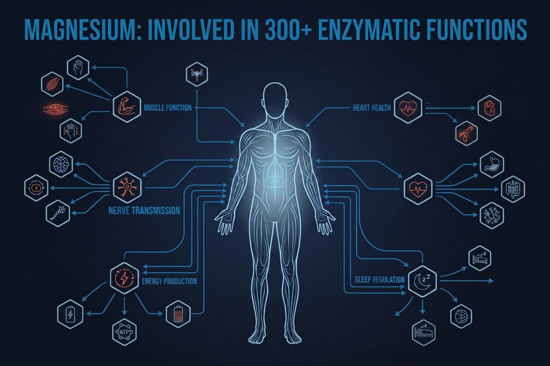 A diagram of human body connections illustrating magnesium's multiple functions