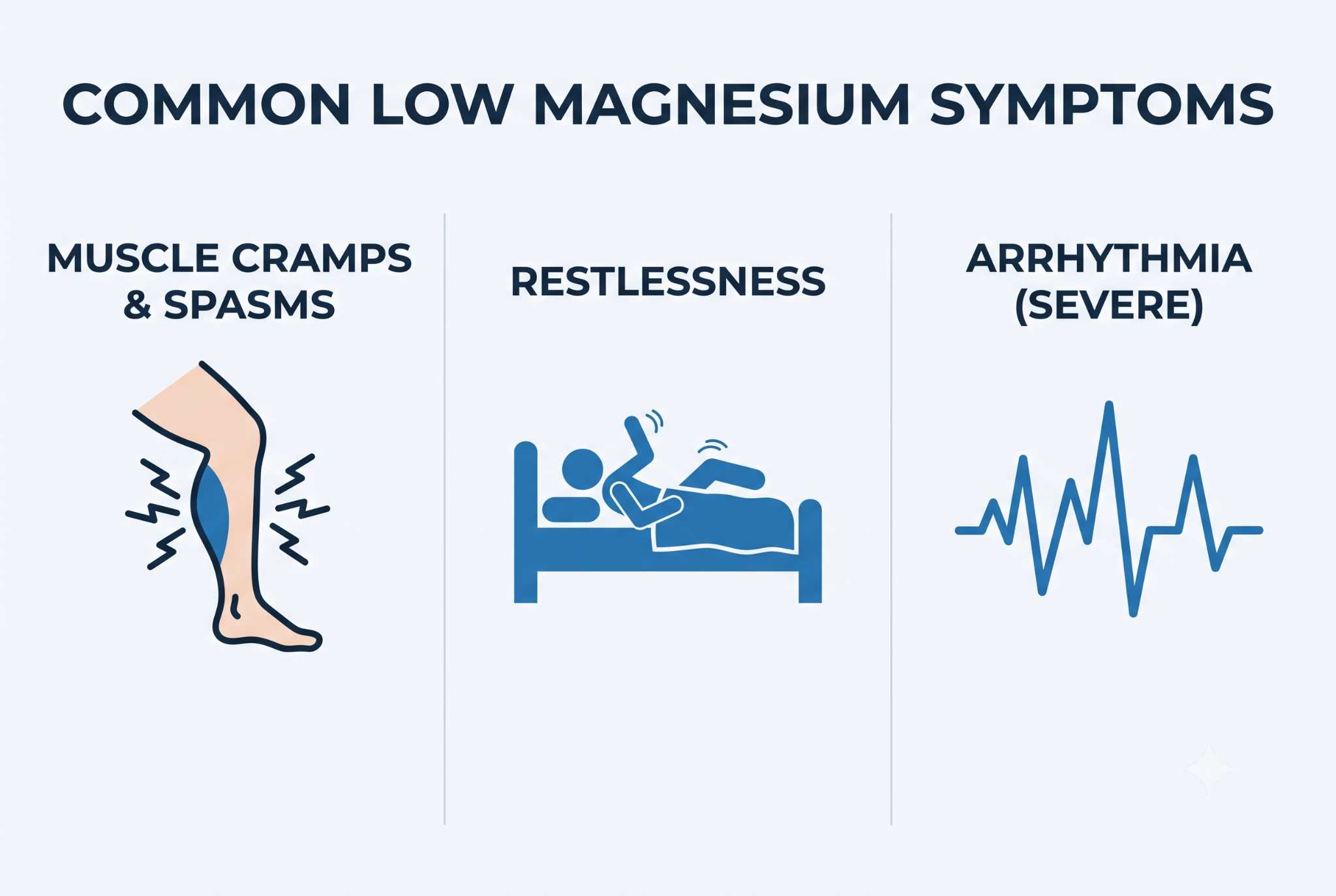 An infographic detailing low magnesium symptoms like muscle cramps, restlessness, and arrhythmia