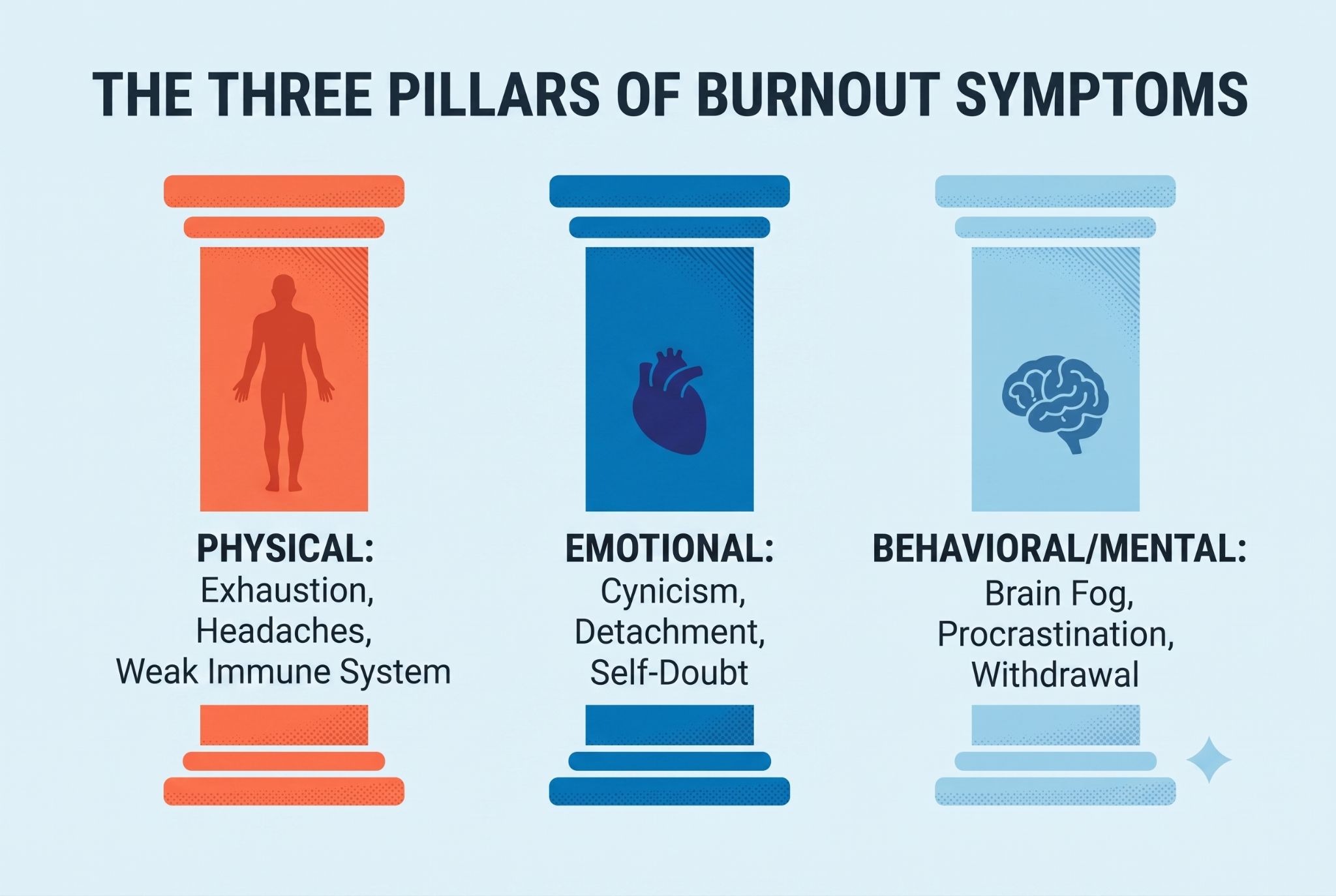 An infographic displaying the three categories of burnout symptoms: Physical, Emotional, and Behavioral.