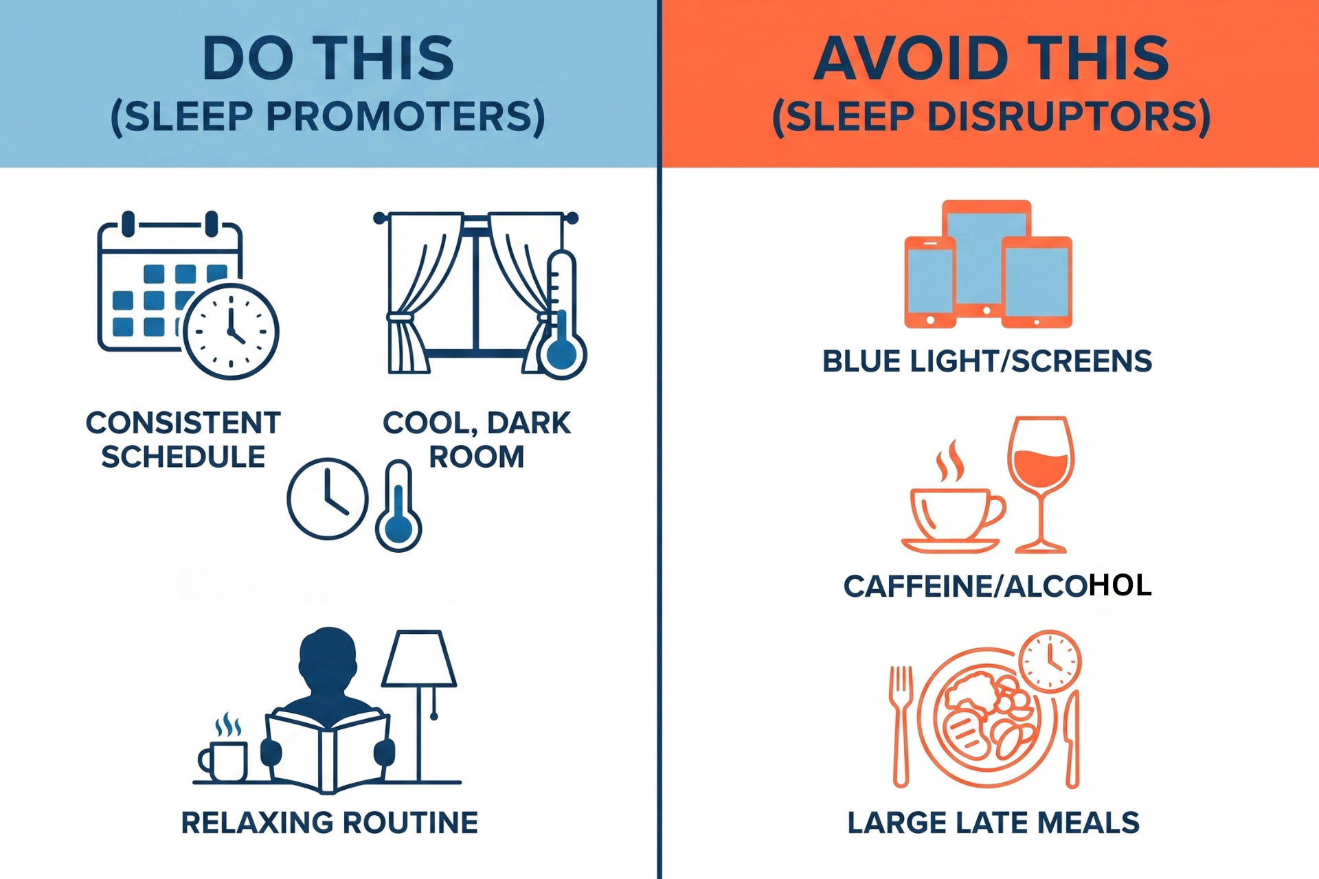 Infographic comparing healthy sleep habits with poor sleep habits