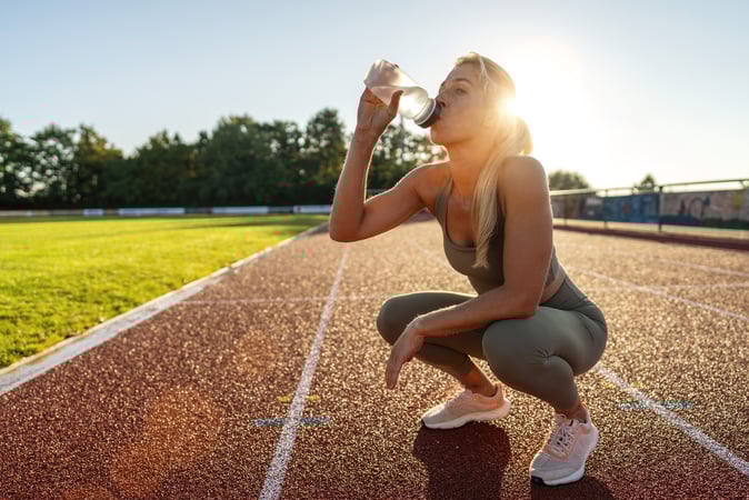 Female athlete crouching on a running track while drinking water after a workout