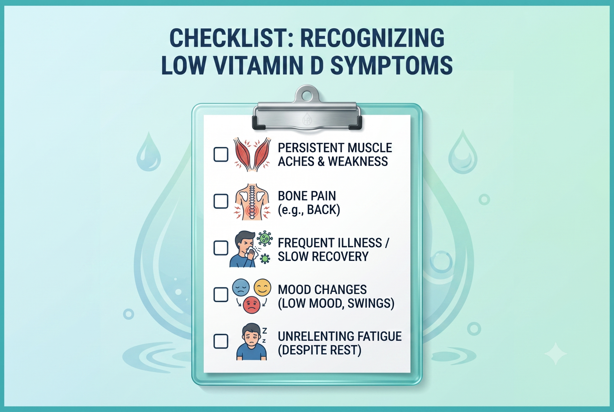 Educational illustrated clipboard graphic with a checklist and icons for common symptoms of low vitamin D